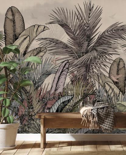 Jungle palmeblade i grønt og brunt tapetdesign