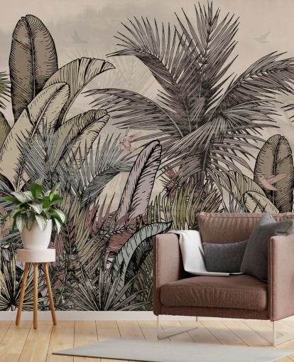Design de papier peint avec des feuilles de palmier de la jungle dans des tons verts et bruns