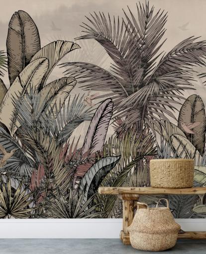 Folhas de palmeira da selva em design de papel de parede verde e marrom Folhas de palmeira da selva em design de papel de parede verde e marrom