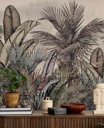 Diseño de papel pintado con hojas de palma selvática en verdes y marrones