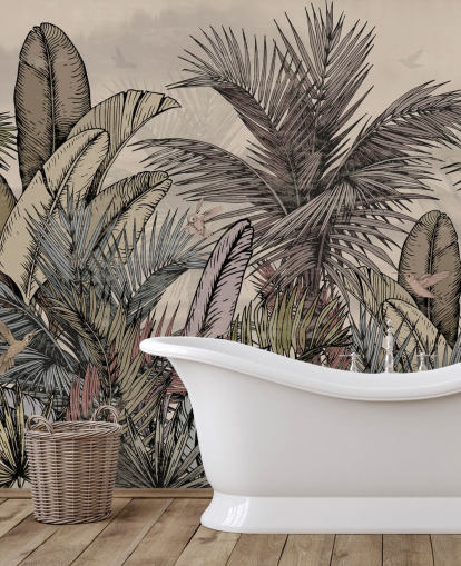 Folhas de palmeira da selva em design de papel de parede verde e marrom