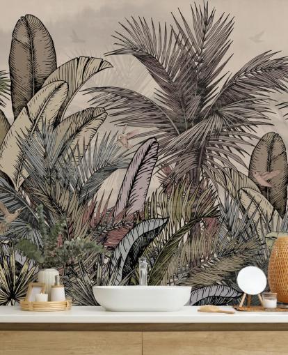 Junglepalmbladeren in groen en bruin behangontwerp