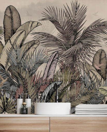 Diseño de papel pintado con hojas de palma selvática en verdes y marrones