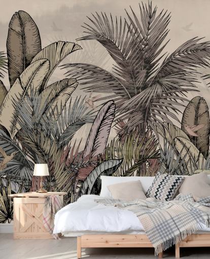 Junglepalmbladeren in groen en bruin behangontwerp