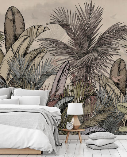 Jungle palm leaves in greens and browns wallpaper design