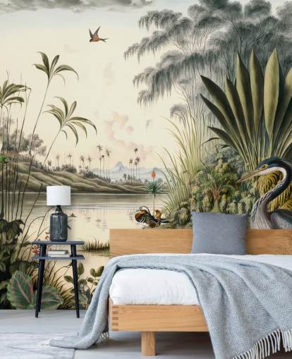 Fondo de pantalla de río tropical con palmeras y pájaros Fondo de pantalla de río tropical con palmeras y pájaros