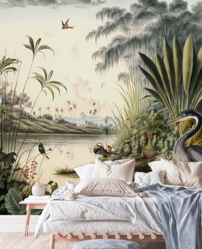 Tropical river with palm trees and birds wallpaper Tropical river with palm trees and birds wallpaper