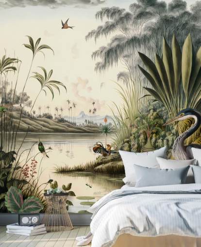 Fondo de pantalla de río tropical con palmeras y pájaros Fondo de pantalla de río tropical con palmeras y pájaros