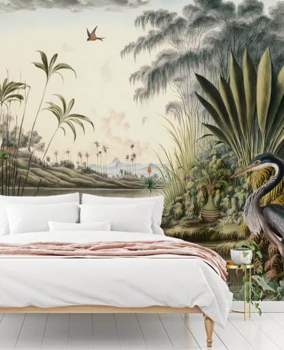Papier peint Rivière tropicale avec palmiers et oiseaux