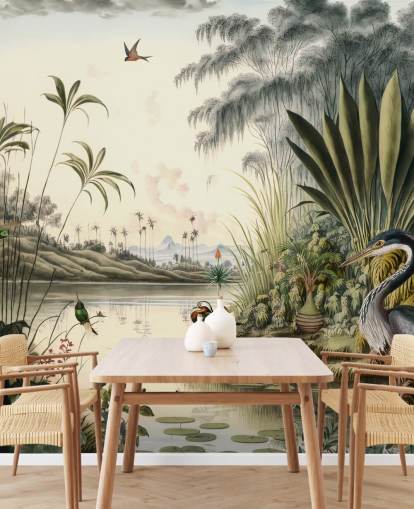 Tropischer Fluss mit Palmen und Vogeltapete