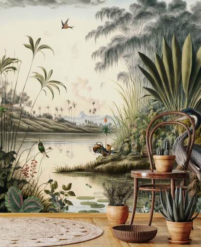 Tropical river with palm trees and birds wallpaper