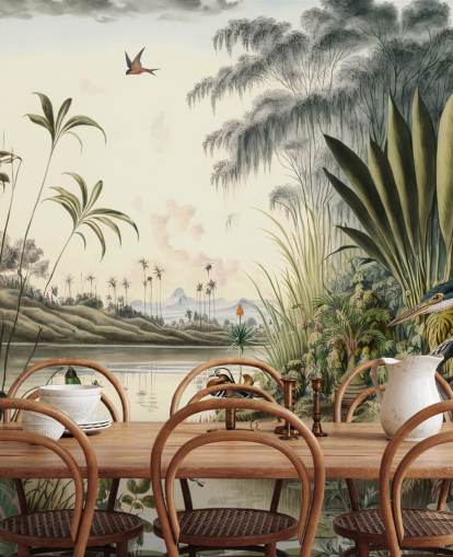 Tropical river with palm trees and birds wallpaper