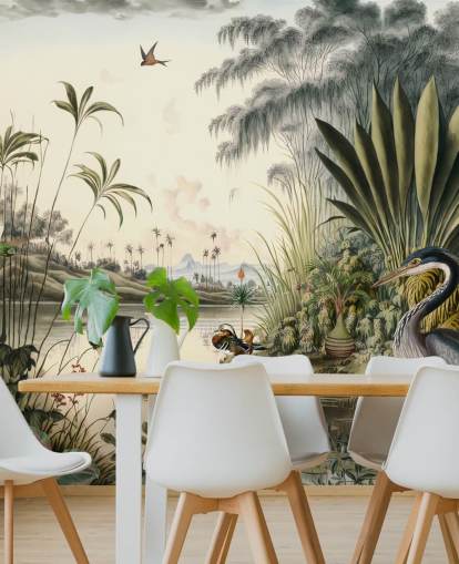 Papier peint Rivière tropicale avec palmiers et oiseaux