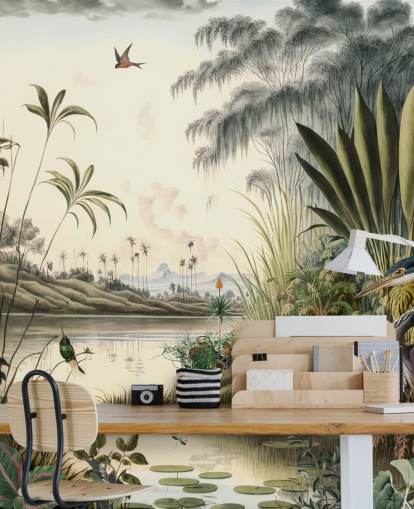 Tropical river with palm trees and birds wallpaper