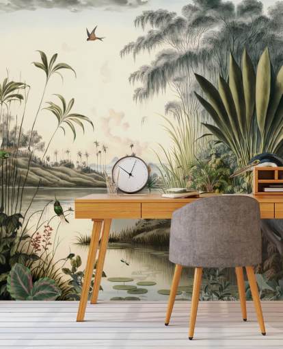 Papel de parede de rio tropical com palmeiras e pássaros