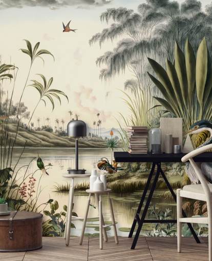 Fondo de pantalla de río tropical con palmeras y pájaros