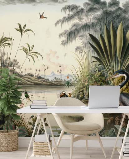 Tropical river with palm trees and birds wallpaper