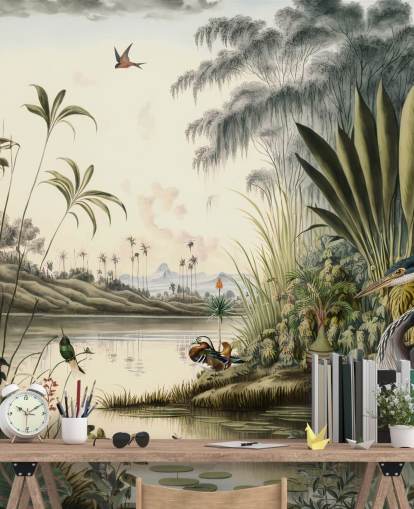 Carta da parati con fiume tropicale con palme e uccelli Carta da parati con fiume tropicale con palme e uccelli