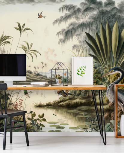 Carta da parati con fiume tropicale con palme e uccelli