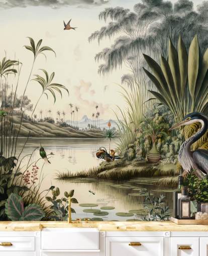 Tropical river with palm trees and birds wallpaper