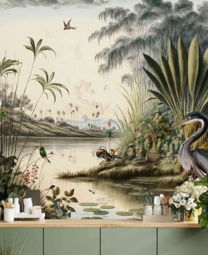 Tropischer Fluss mit Palmen und Vogeltapete Tropischer Fluss mit Palmen und Vogeltapete