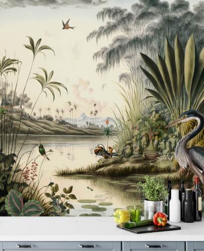 Tropische rivier met palmbomen en vogels behang