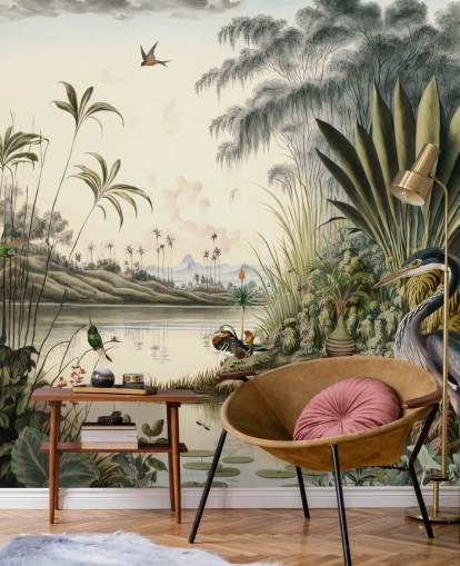 Fondo de pantalla de río tropical con palmeras y pájaros