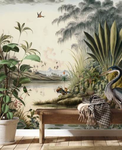 Tropical river with palm trees and birds wallpaper