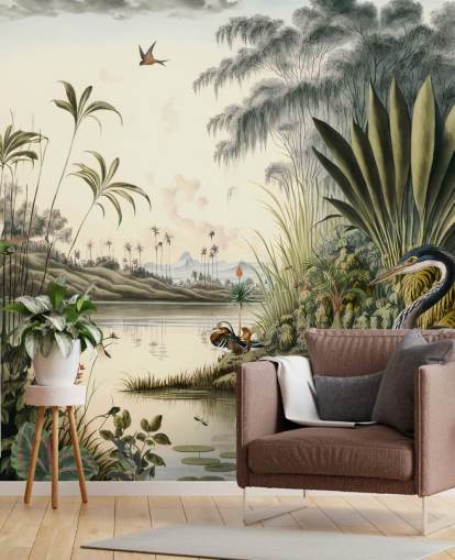 Papier peint Rivière tropicale avec palmiers et oiseaux