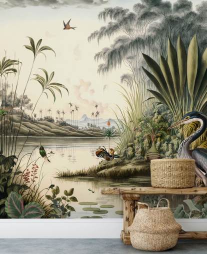 Fondo de pantalla de río tropical con palmeras y pájaros