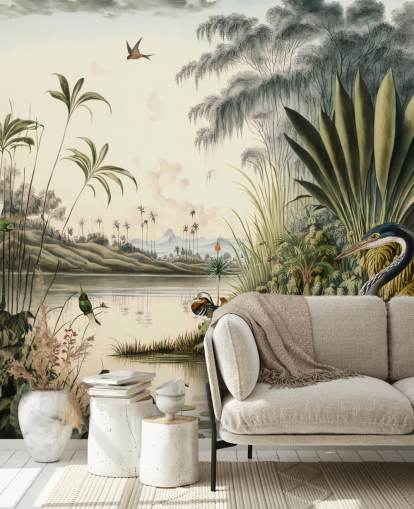Tropical river with palm trees and birds wallpaper