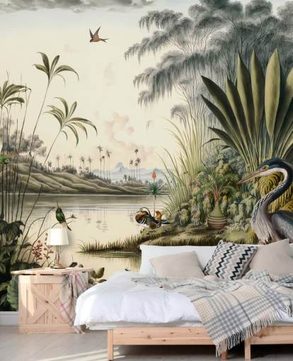 Fondo de pantalla de río tropical con palmeras y pájaros