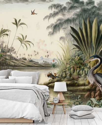 Tropical river with palm trees and birds wallpaper