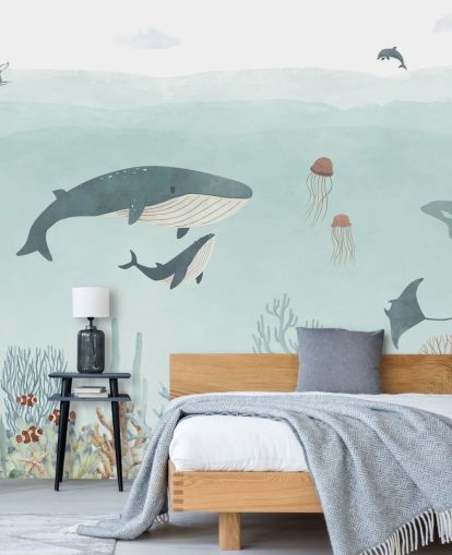 Lindo mural de vida marina con ballenas en azul Lindo mural de vida marina con ballenas en azul
