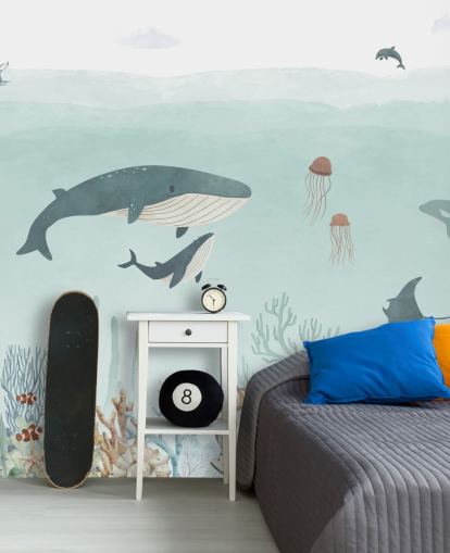 Lindo mural de vida marina con ballenas en azul Lindo mural de vida marina con ballenas en azul