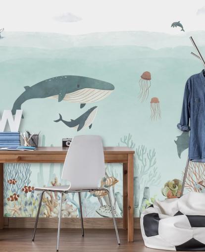 Jolie peinture murale Sea Life avec des baleines en bleu