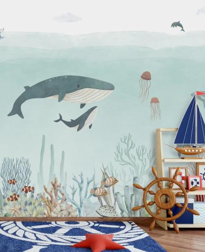 Søt Sea Life Veggmaleri med hvaler i blått
