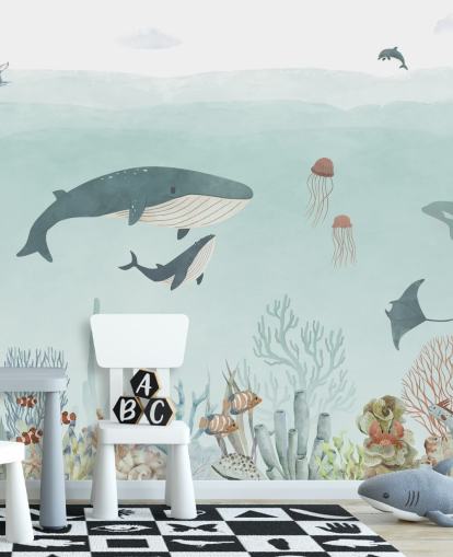 Søt Sea Life Veggmaleri med hvaler i blått