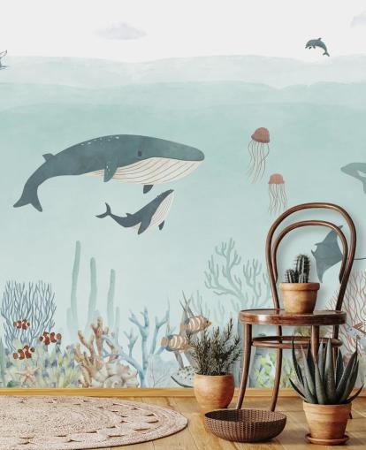 Lindo mural de vida marina con ballenas en azul Lindo mural de vida marina con ballenas en azul
