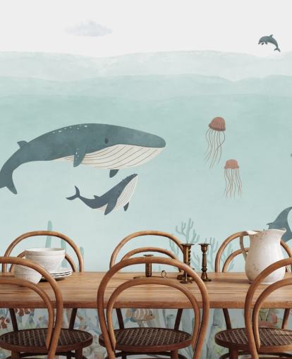 Cute Sea Life Mural with whales in blue