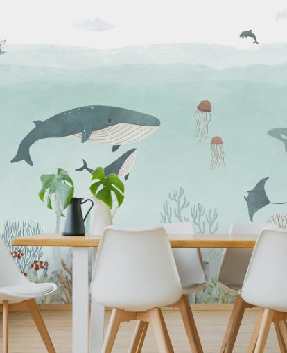 Cute Sea Life Mural with whales in blue