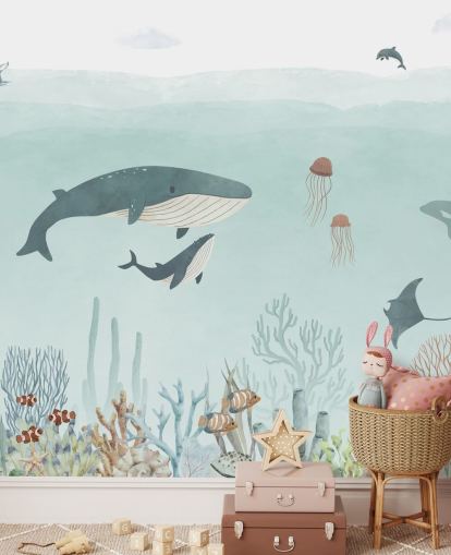 Sødt Sea Life vægmaleri med hvaler i blåt