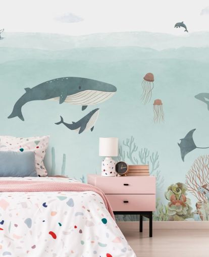 Leuke Sea Life muurschildering met walvissen in blauw