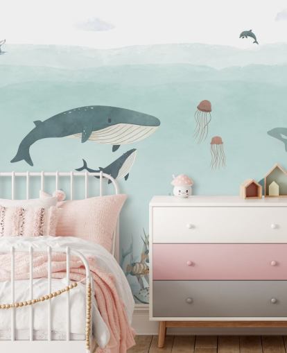 Cute Sea Life Mural with whales in blue