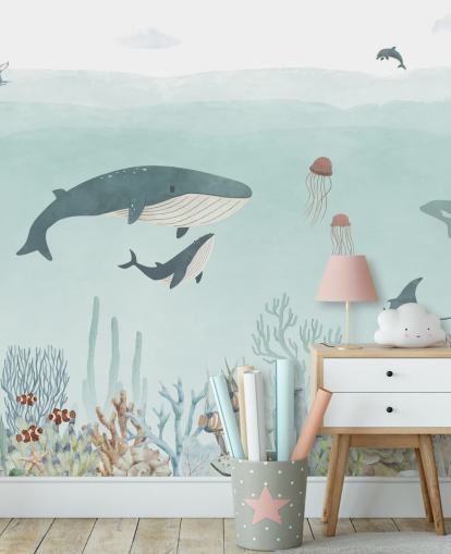 Cute Sea Life Mural with whales in blue