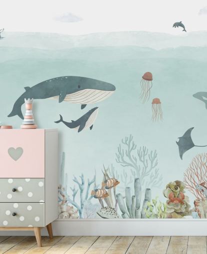 Leuke Sea Life muurschildering met walvissen in blauw