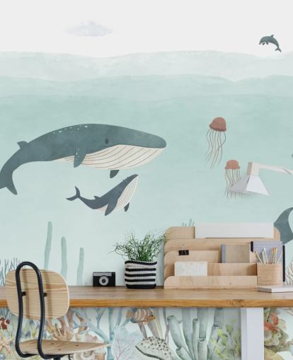 Cute Sea Life Mural with whales in blue Cute Sea Life Mural with whales in blue