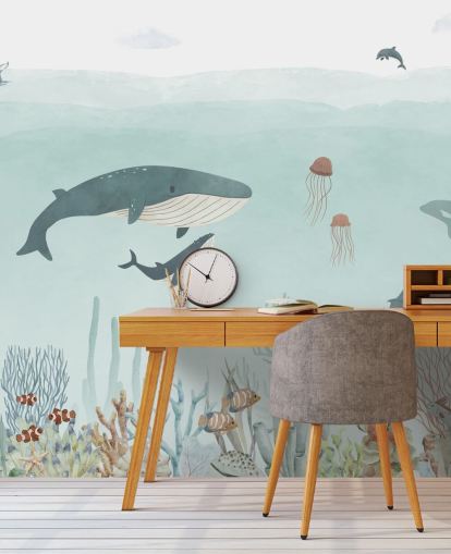 Leuke Sea Life muurschildering met walvissen in blauw