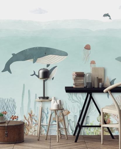 Cute Sea Life Mural with whales in blue