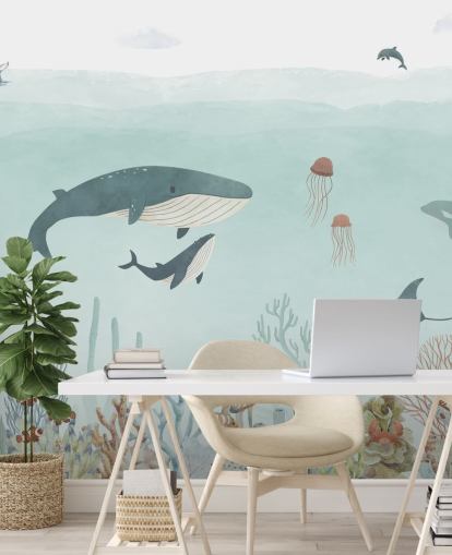 Lindo mural de vida marina con ballenas en azul